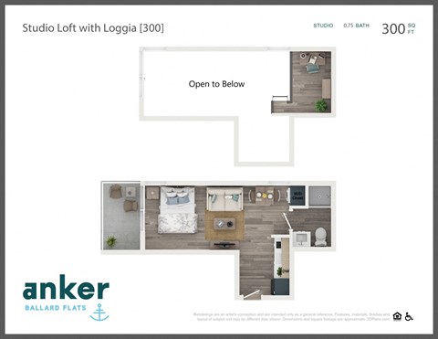 Floor plan for studio, 1 bath, 300 sqft